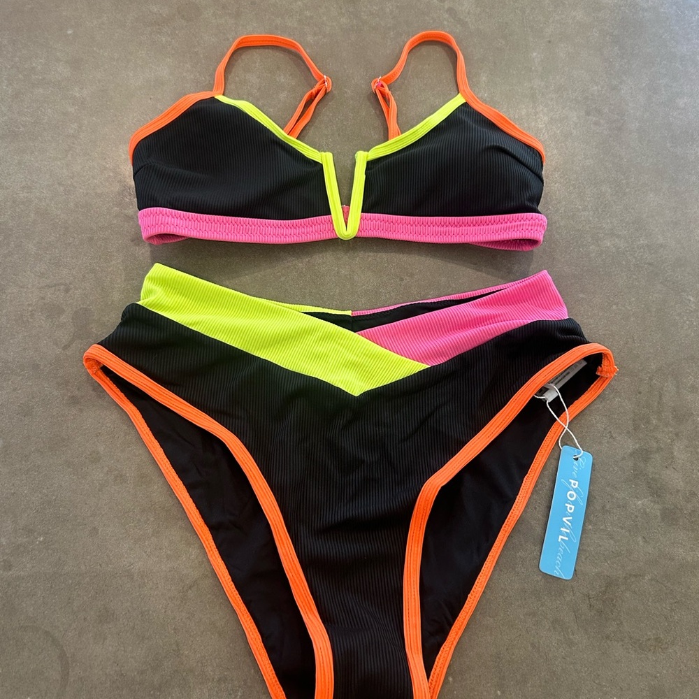 VIRAL- popvil Sporty Black and neon orange, Pink Bikini with Athletic Design